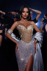 Shining Column Sweetheart Sleeveless Sequined Split Front Long Tulle Evening Dresses With Rhinestones